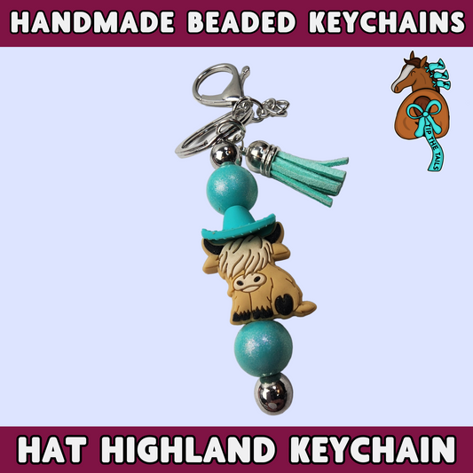 Blue Hat Tan Highland Cow Handmade Keychain-Tip The Tails