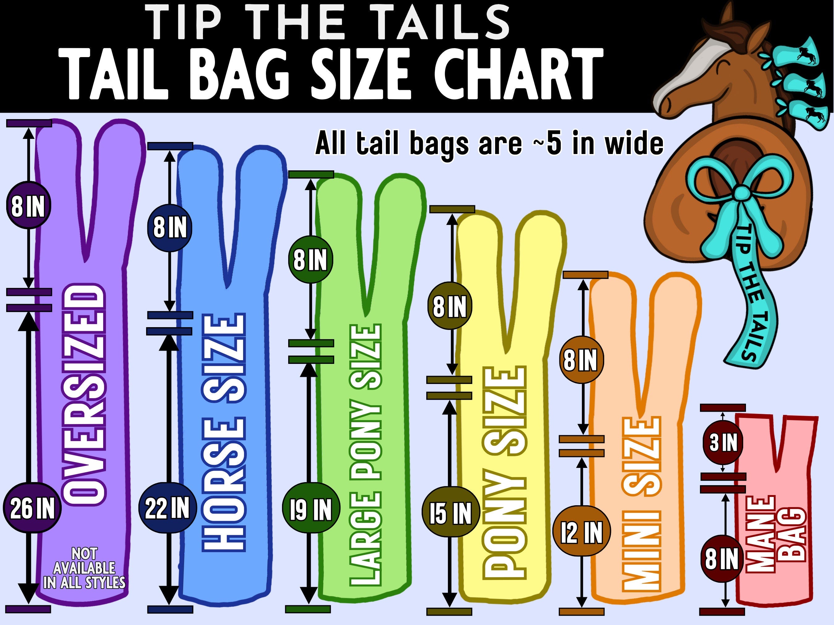 Infographic of the Equine Tail Bag Size Chart from Tip The Tails. Sizes include Oversized (25 in), Horse Size (21 in), Large Pony (18 in), Pony (15 in), Miniature (12 in), and Mane Bag (8 in), all approx. 4.75 in wide. Gray background with logo.