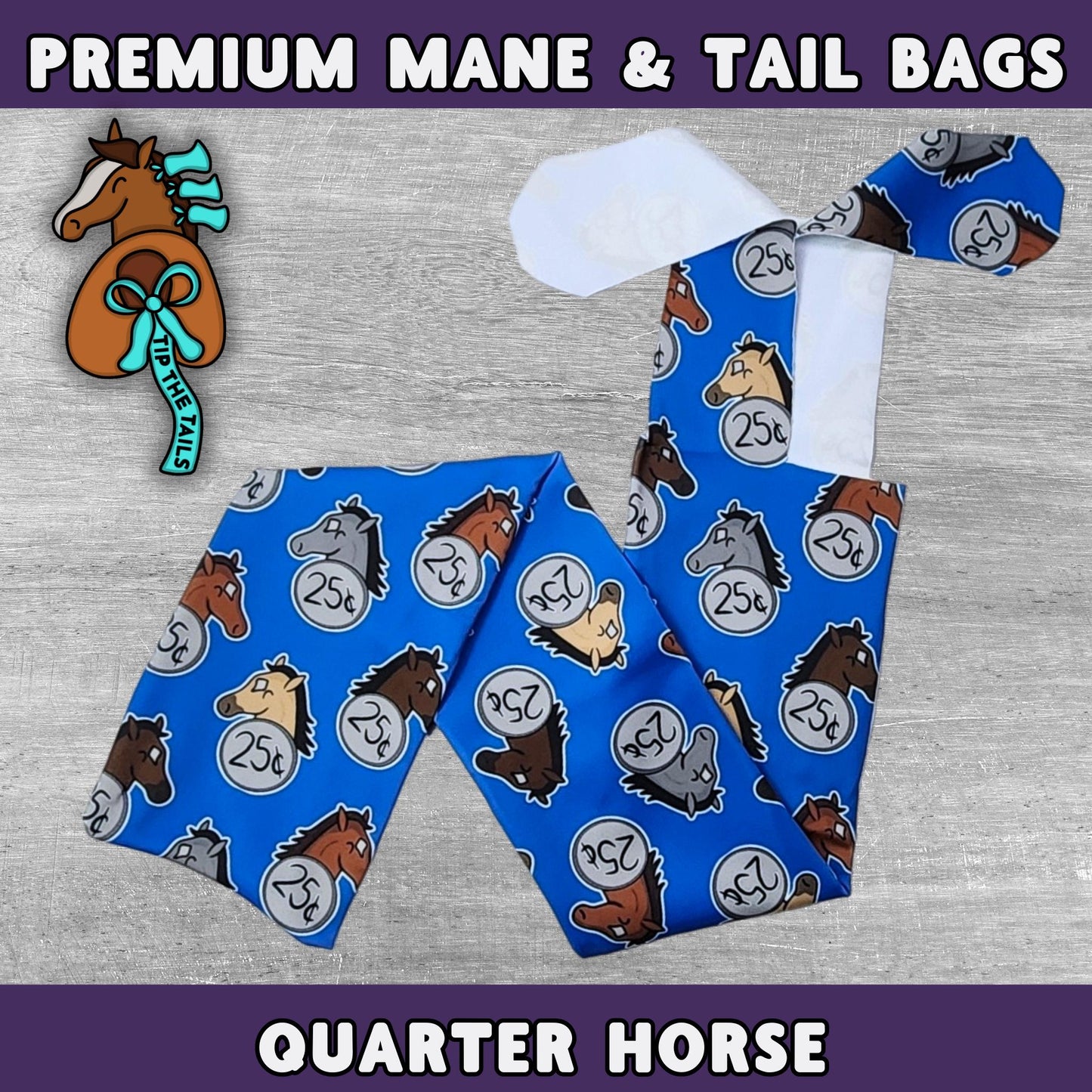 Main product image of Tip The Tails premium mane and tail bags made of high quality materials. This equine tail bag is titled Quarter Horse and features designs of various colored horse heads on quarters (25c) on a blue background.