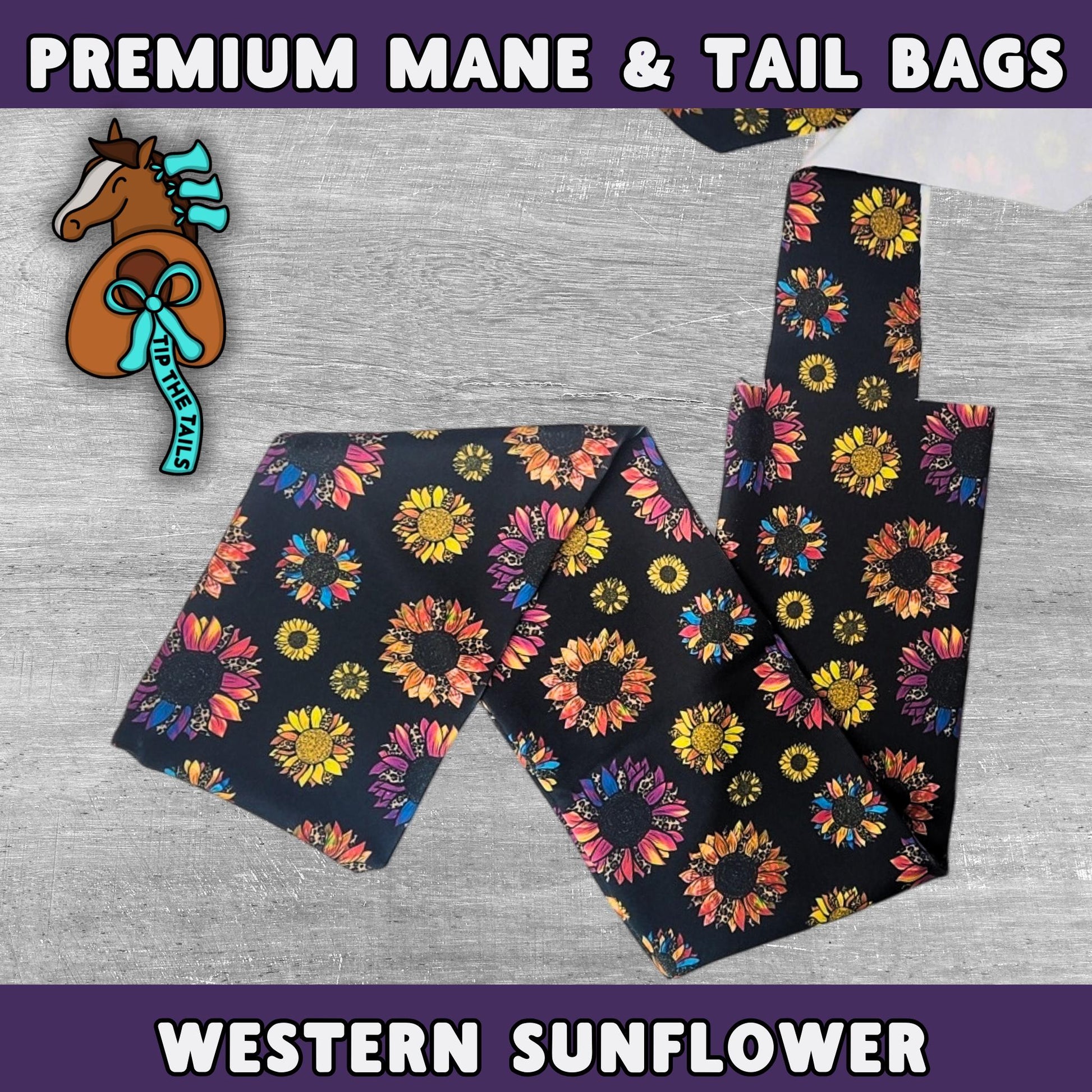 Main product image of Tip The Tails premium mane and tail bags made of high quality materials. This equine tail bag is titled Western Sunflower with vibrant leopard sunflowers on a black background.