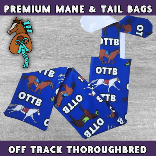 Main product image of Tip The Tails premium mane and tail bags made of high quality materials. This equine tail bag is titled Off Track Thoroughbred and features designs of racehorses and the abbreviation OTTB on a blue background.