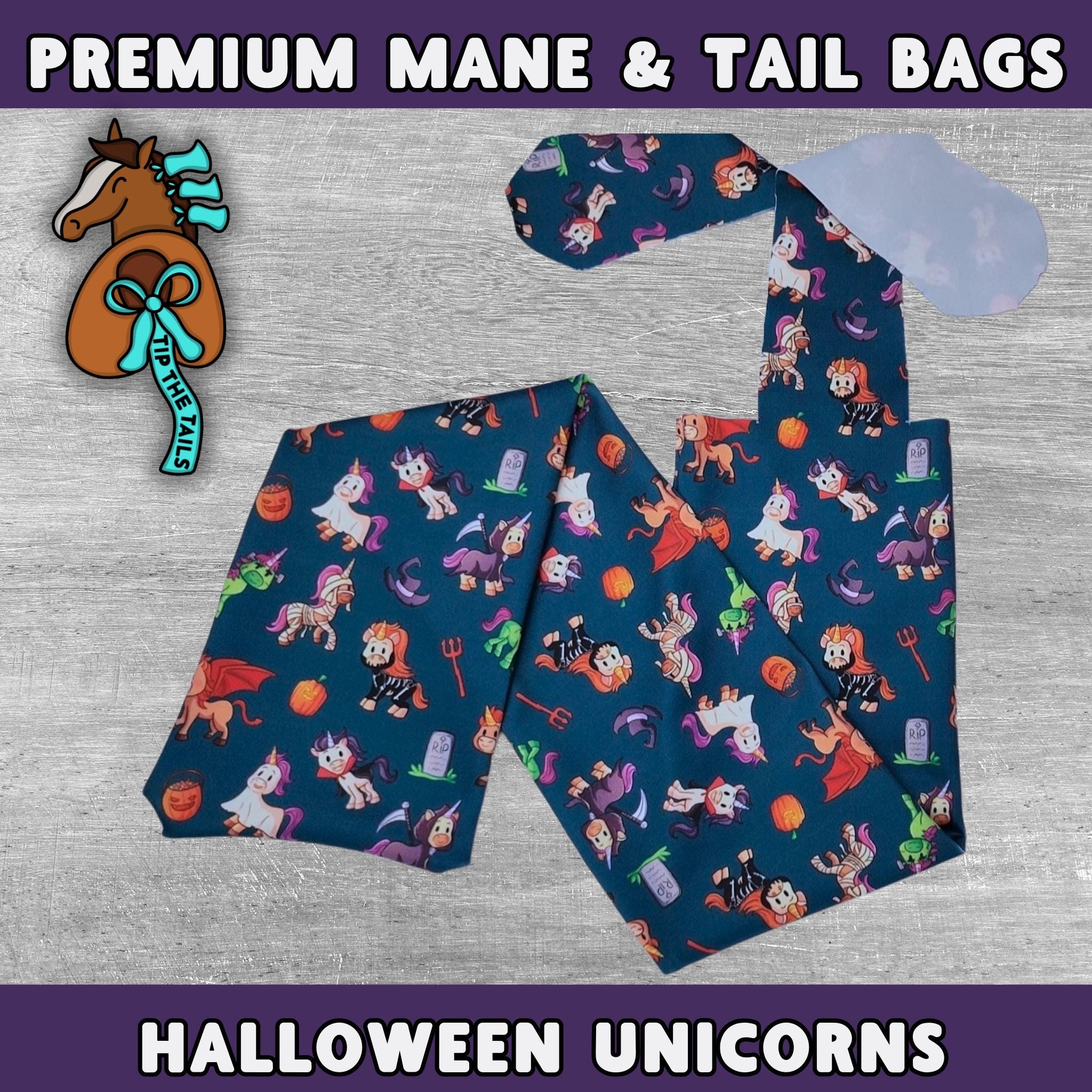 Main product image of Tip The Tails premium mane and tail bags made of high-quality materials. This equine tail bag is titled &#39;Halloween Unicorns&#39; and features unicorns in costumes and Halloween elements on a dark teal background.