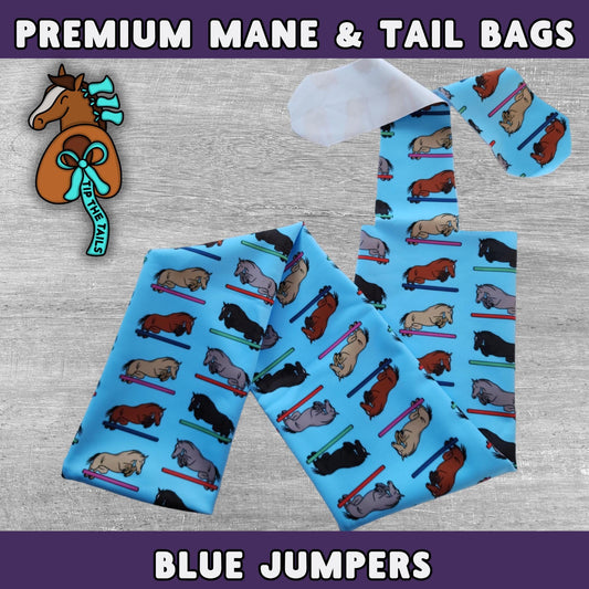 Blue Jumping Equine Tail Bag, Hunter Jumper Tailbags for Equine Tail Protection, Equestrian Jumping Tack for Equine Gifts & Horse Mane Bags