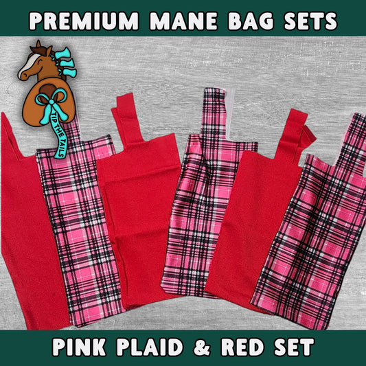 Pink Plaid & Red Equine Mane Bag Set, Horse Mane Bags for Equestrian Gifts, Plaid Mane Bag Set of 6 for Leopard Horse Mane Protection