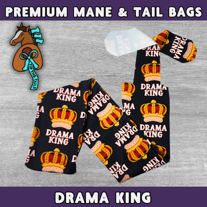 Main product image of Tip The Tails premium mane and tail bags made of high quality materials. This equine tail bag is titled Drama King and features royal red and gold crowns and the phrase Drama King on a black tailbag background.