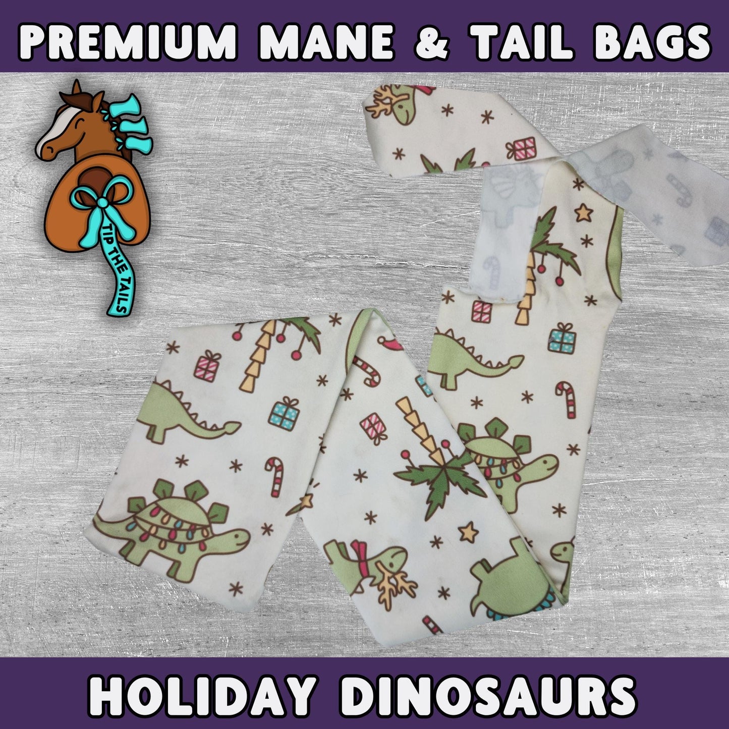 Main product image of Tip The Tails premium mane and tail bags made of high quality materials. This Christmas equine tail bag is titled Holiday Dinosaurs and features dinos in festive attire and holiday decorations on a light background.