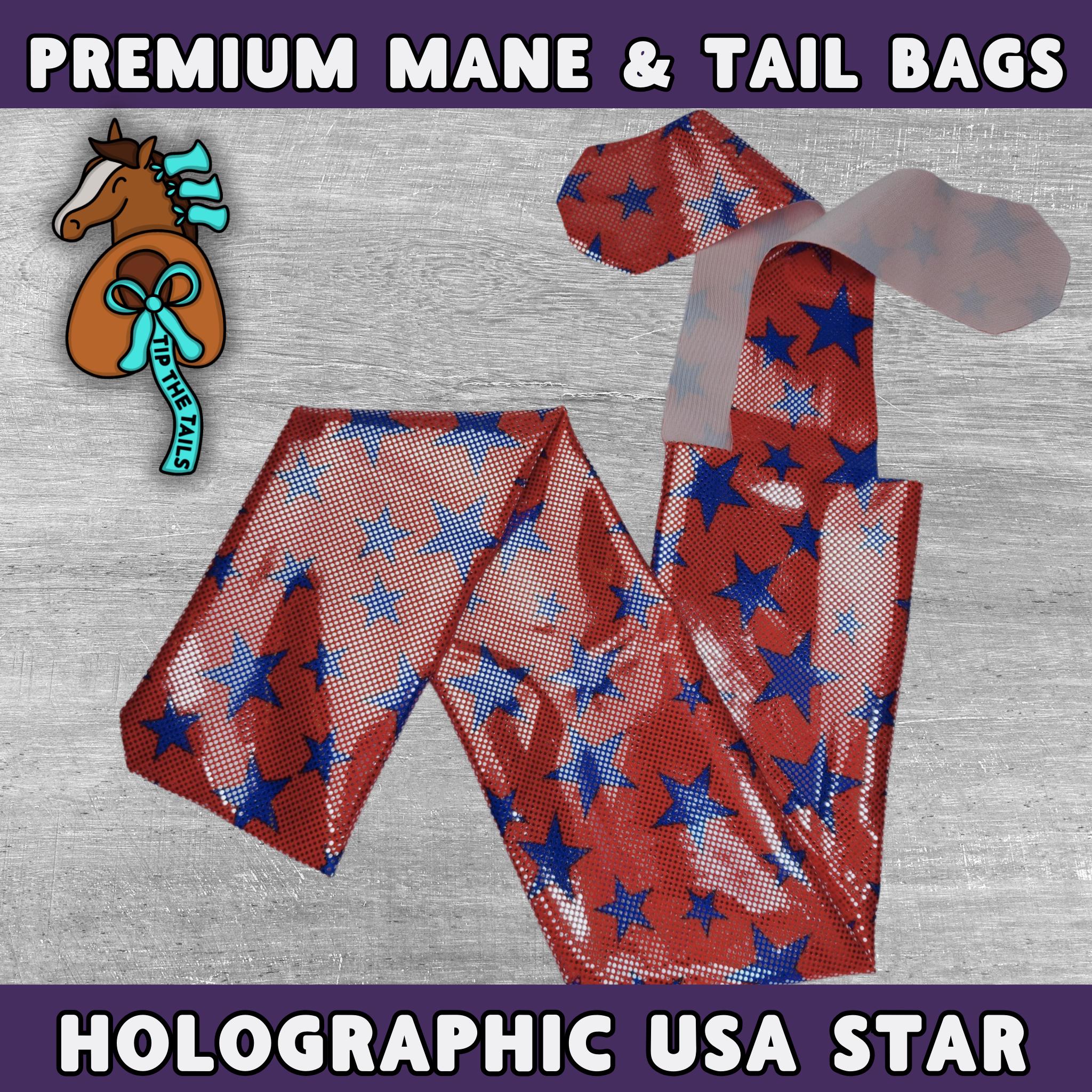 Main product image of Tip The Tails premium mane and tail bags made of high quality materials. This equine tail bag is titled Holographic USA Star and features a patriotic holographic design with blue stars on a shiny red background.