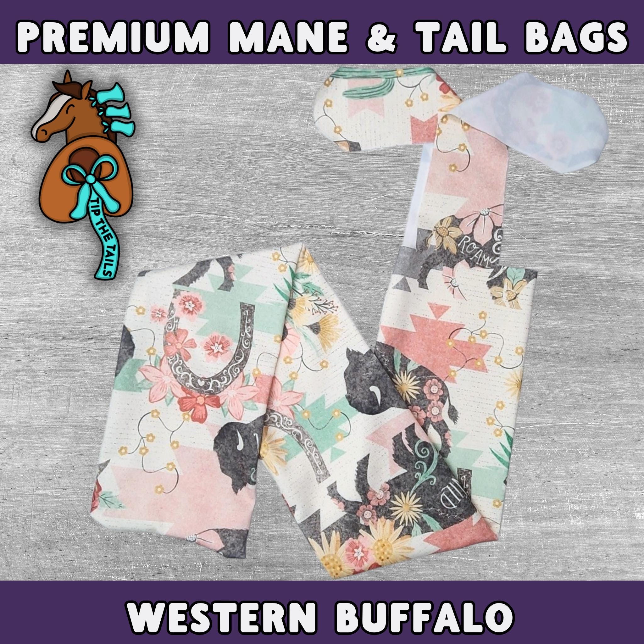 Main product image of Tip The Tails premium mane and tail bags made of high quality materials. This equine tail bag is titled Western Buffalo and features a colorful design with floral patterns and buffalo illustrations on a light background.