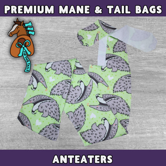 Main product image of Tip The Tails premium mane and tail bags made of high quality materials. This equine tail bag is titled Anteaters and features giant anteater illustrations on a light green background.