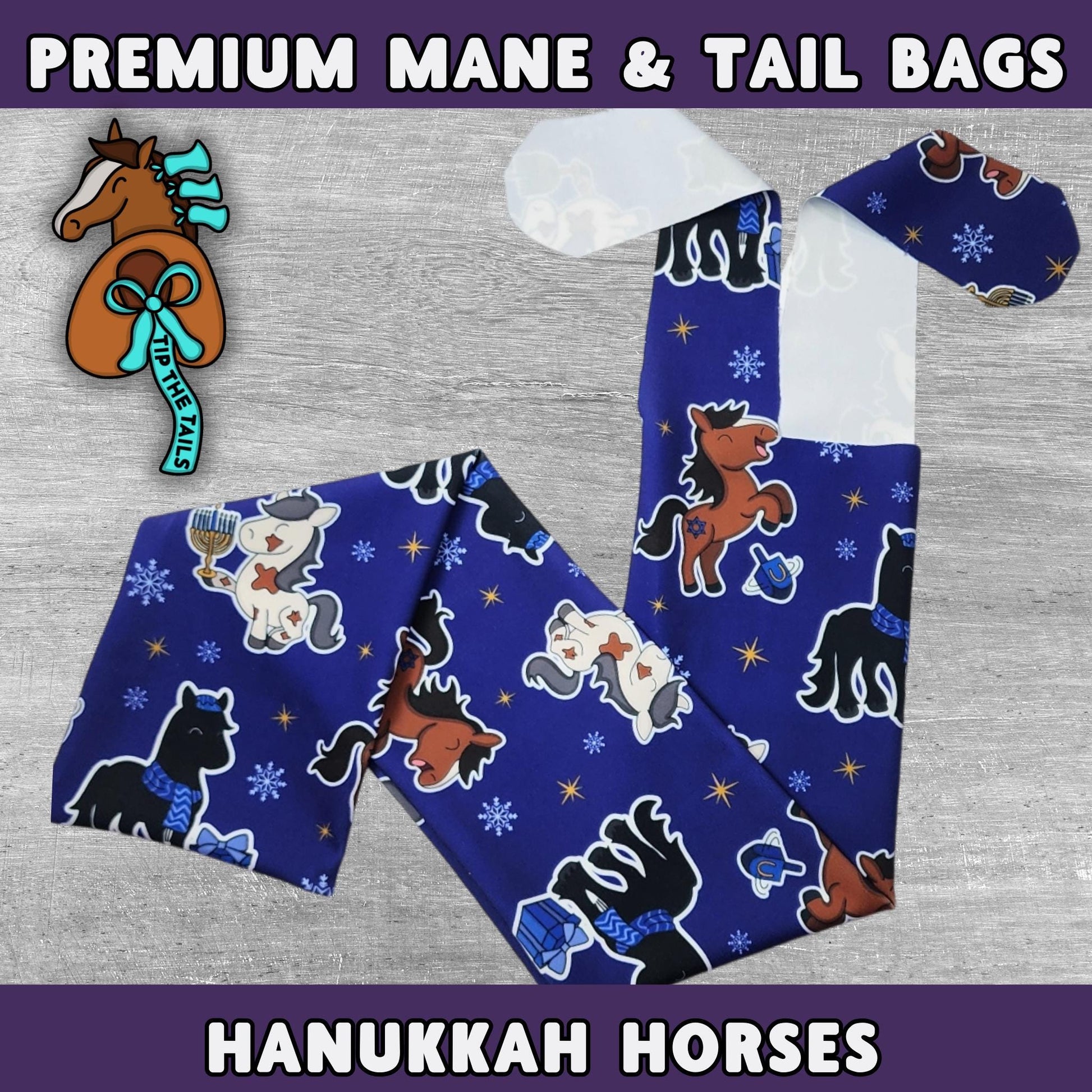 Hannukah Horses Equine Tail Bag, Holiday Horse Tailbag for Mane Bags, Holiday Pony Tail Protection for Equestrian Gifts, Hannukah Tailbag