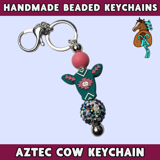 Pink Aztec Cow Handmade Keychain-Tip The Tails
